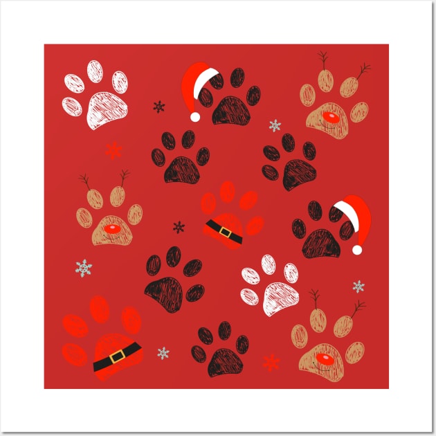 Paw prints with Santa Claus, deer and red hat Wall Art by GULSENGUNEL